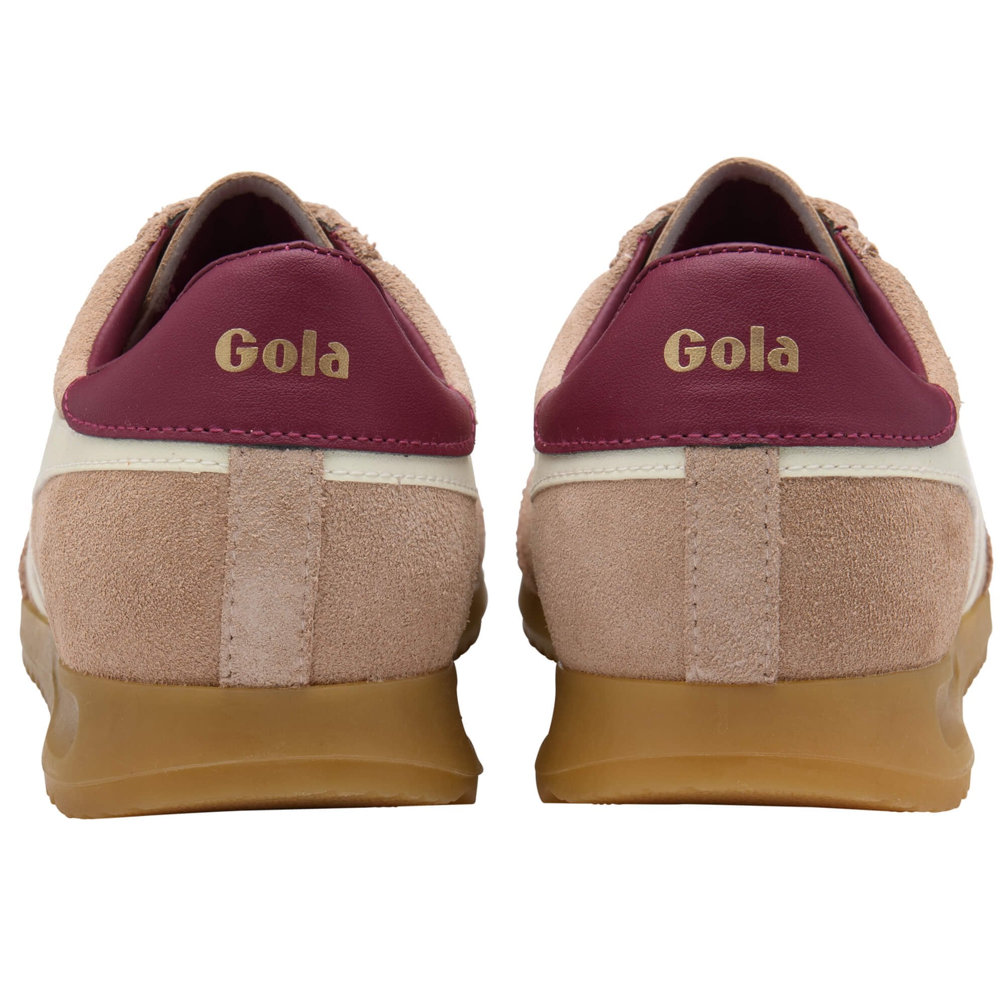 Pair of beige Gola trainers with red accents, shown from the back on a white background
