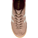 Pink Gola trainer with white stripes on a white background