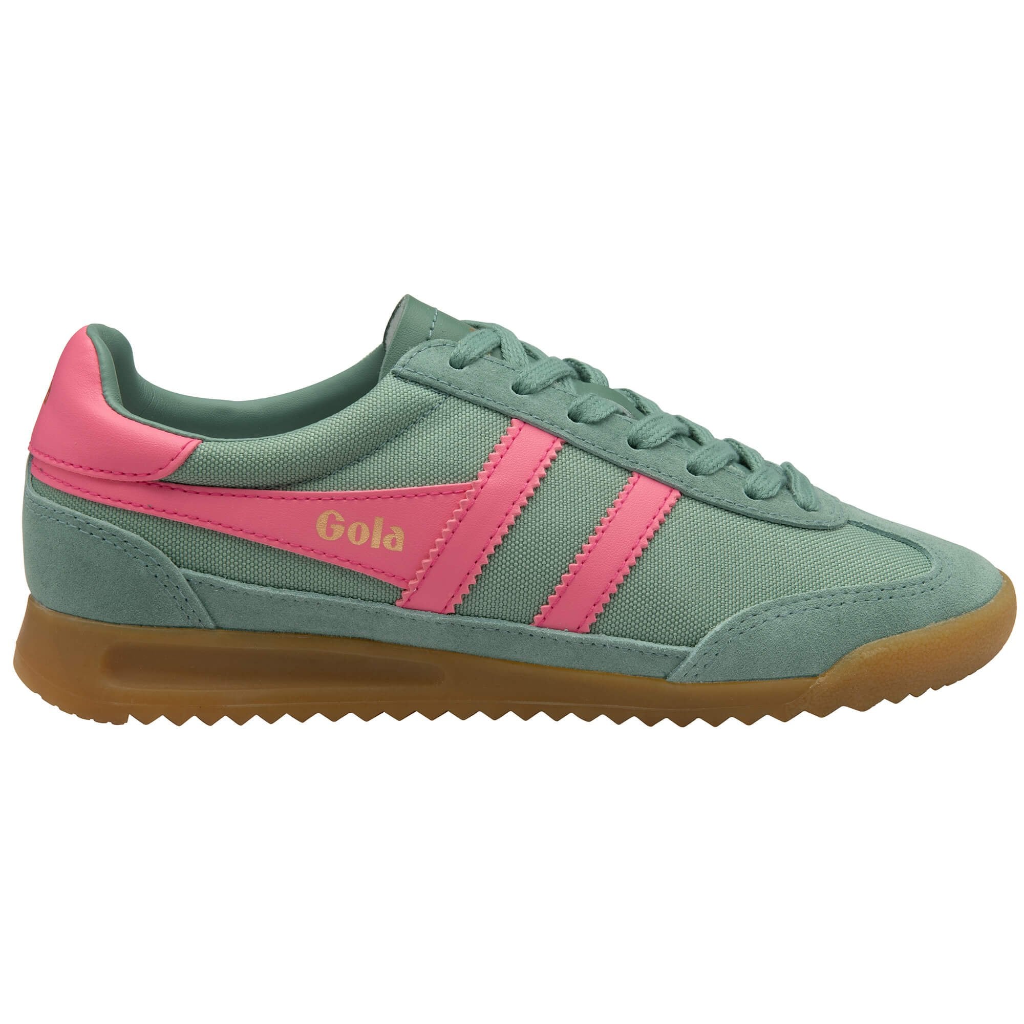 Green and pink Gola trainer with gum sole on a white background