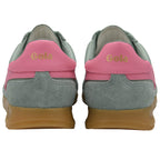 Green and pink Gola trainers with gum sole on a white background