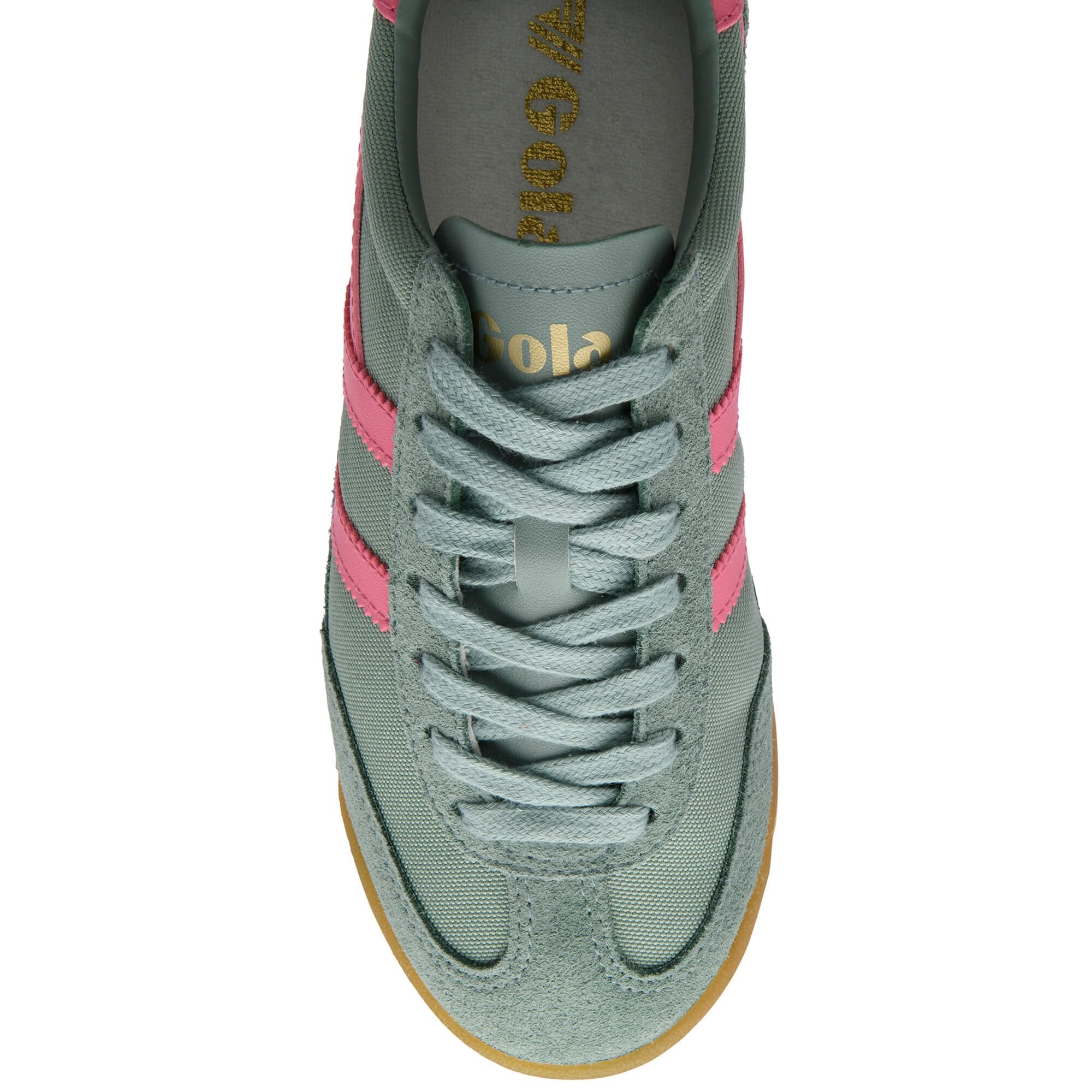 Green Gola trainer with pink stripes and gum sole on a white background
