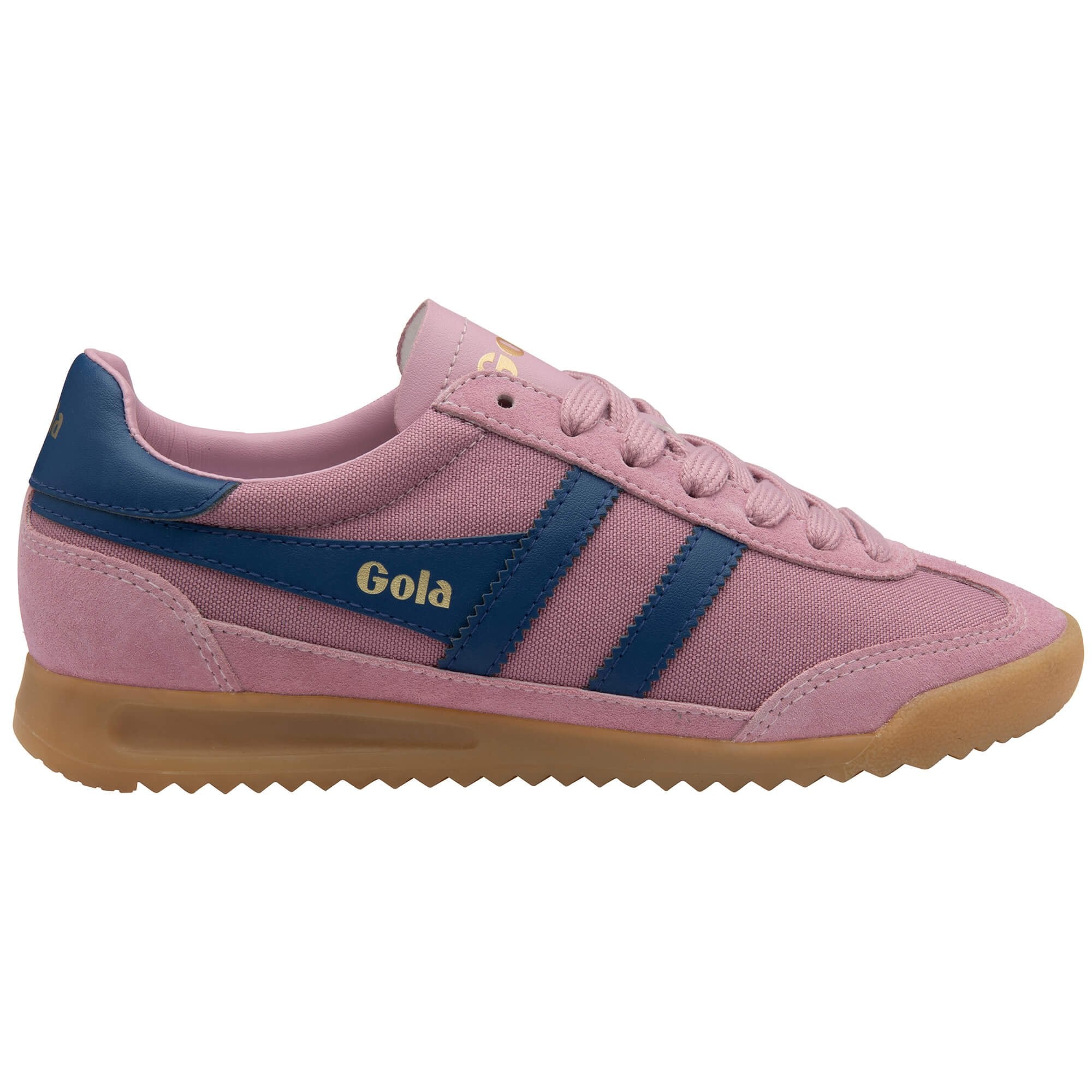 Gola trainer in pink with navy stripes and a gum sole on a white background