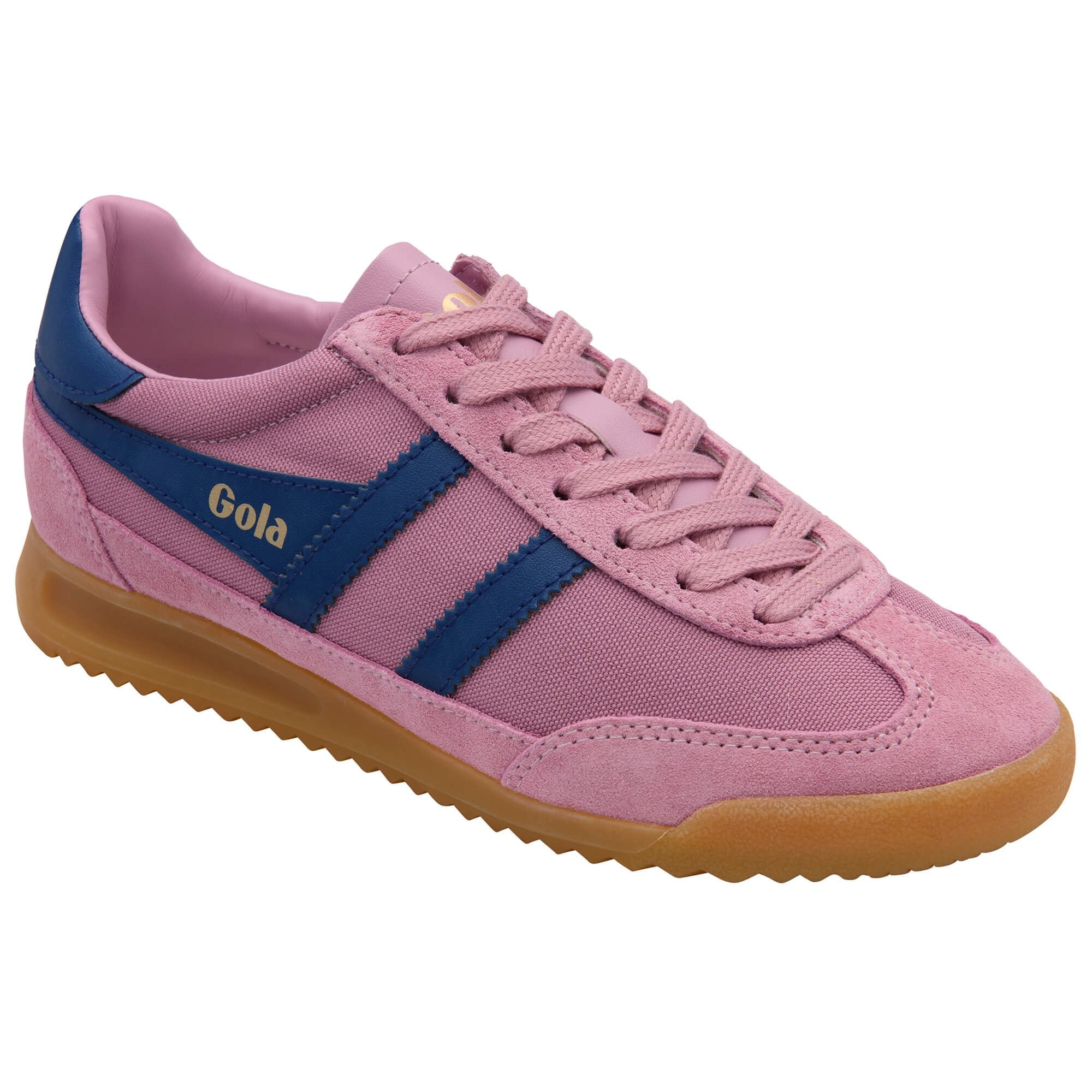 Pink Gola trainers with blue stripes and gum sole on a white background