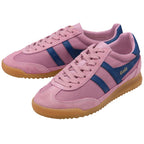 Pink Gola trainers with blue stripes and gum sole on a white background