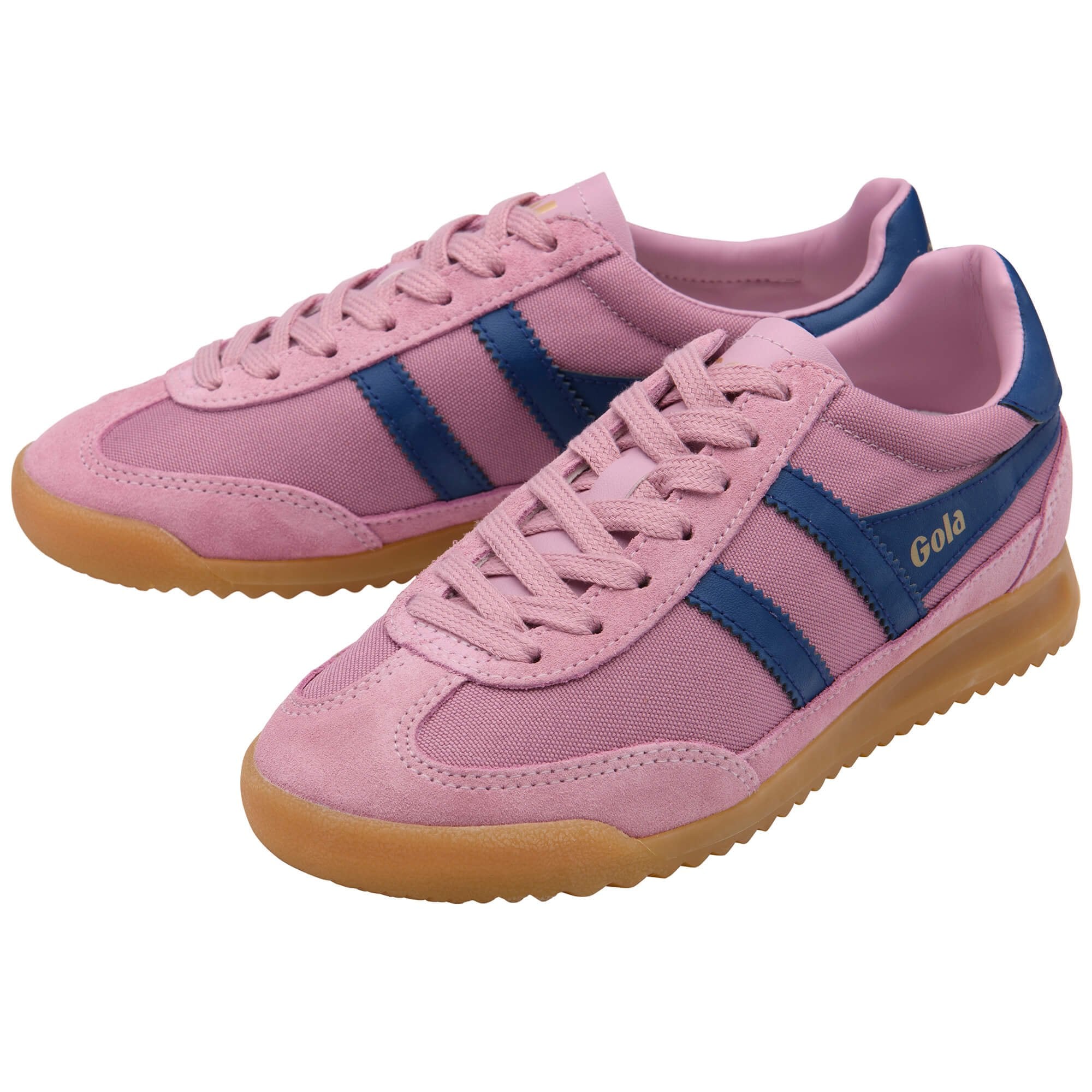 Pink Gola trainers with blue stripes and gum sole on a white background