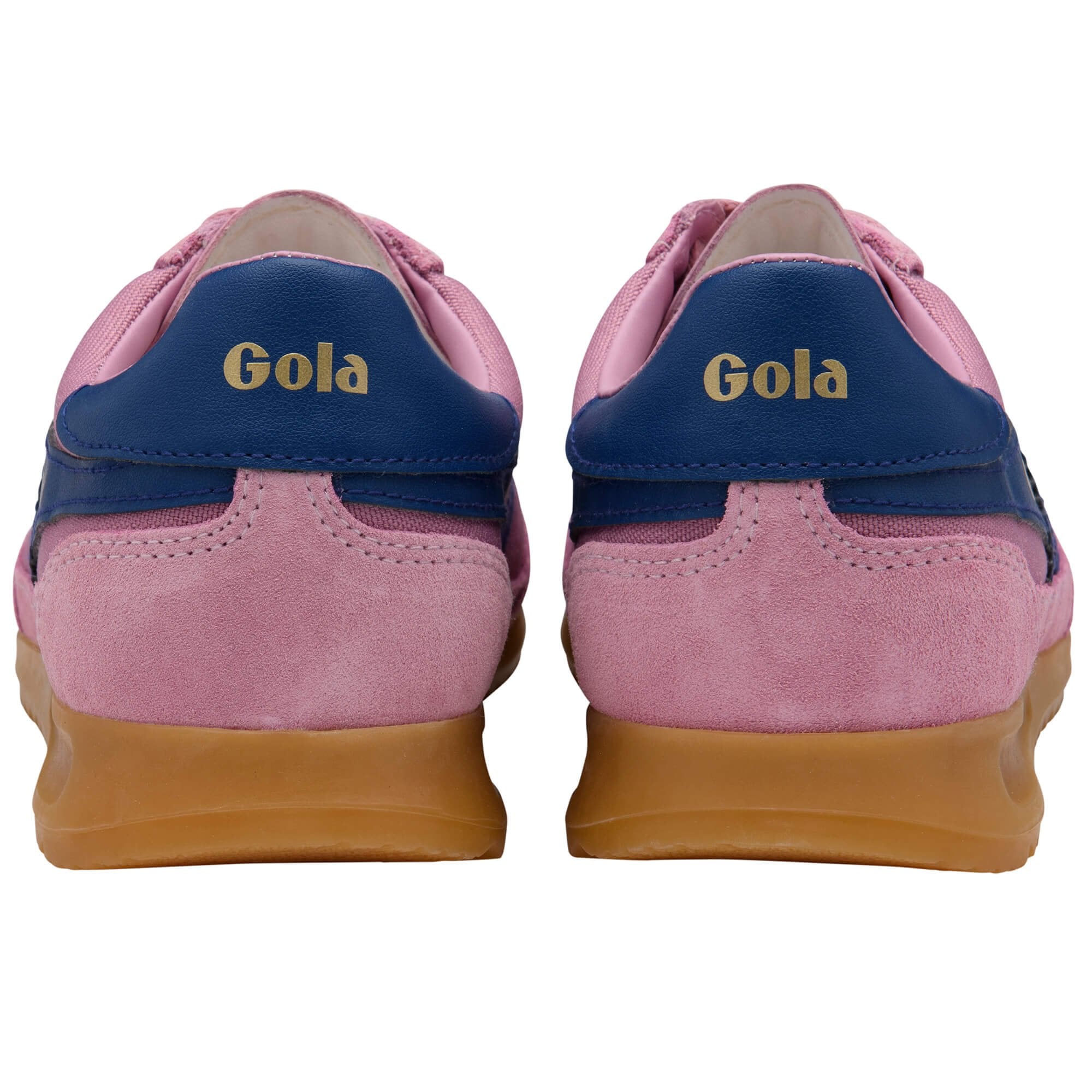 Pink Gola trainers with blue accents and gum sole on a white background