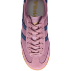 Pink Gola trainer with blue stripes and gum sole on a white background