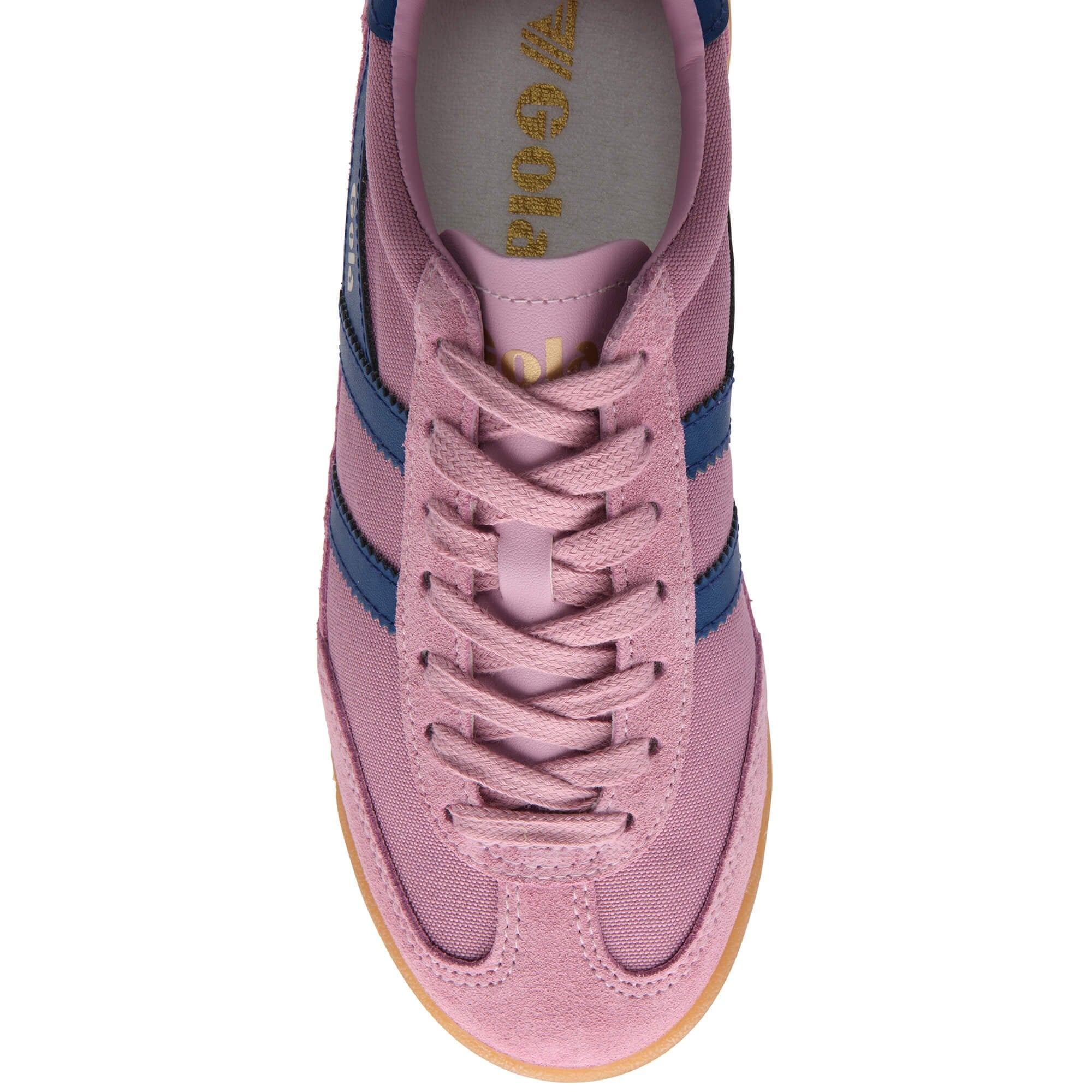 Pink Gola trainer with blue stripes and gum sole on a white background