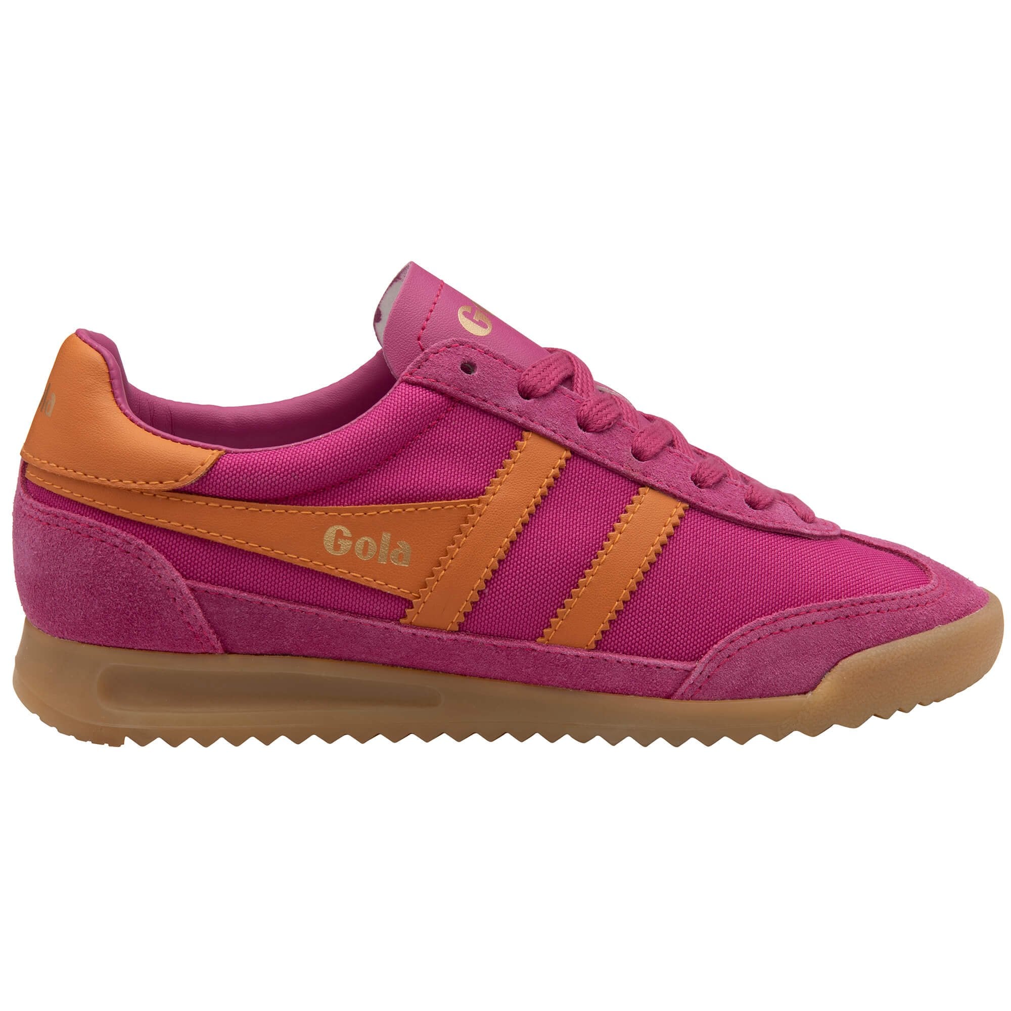 Pink Gola trainer with orange stripes and gum sole on a white background