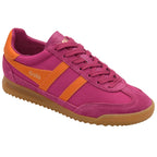 Gola pink trainer with orange stripes and gum sole on a white background