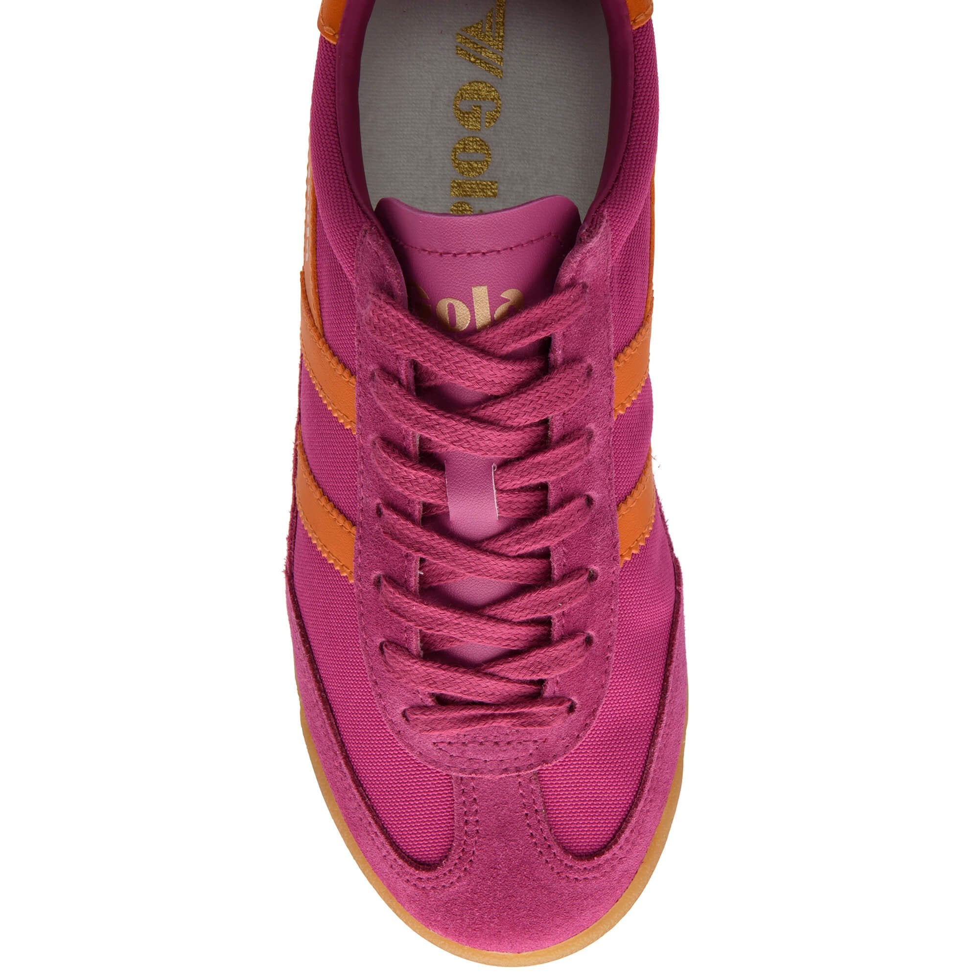 Pink Gola trainer with orange stripes and gum sole on a white background