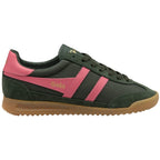 Gola trainer in dark green with pink stripes and a gum sole on a white background