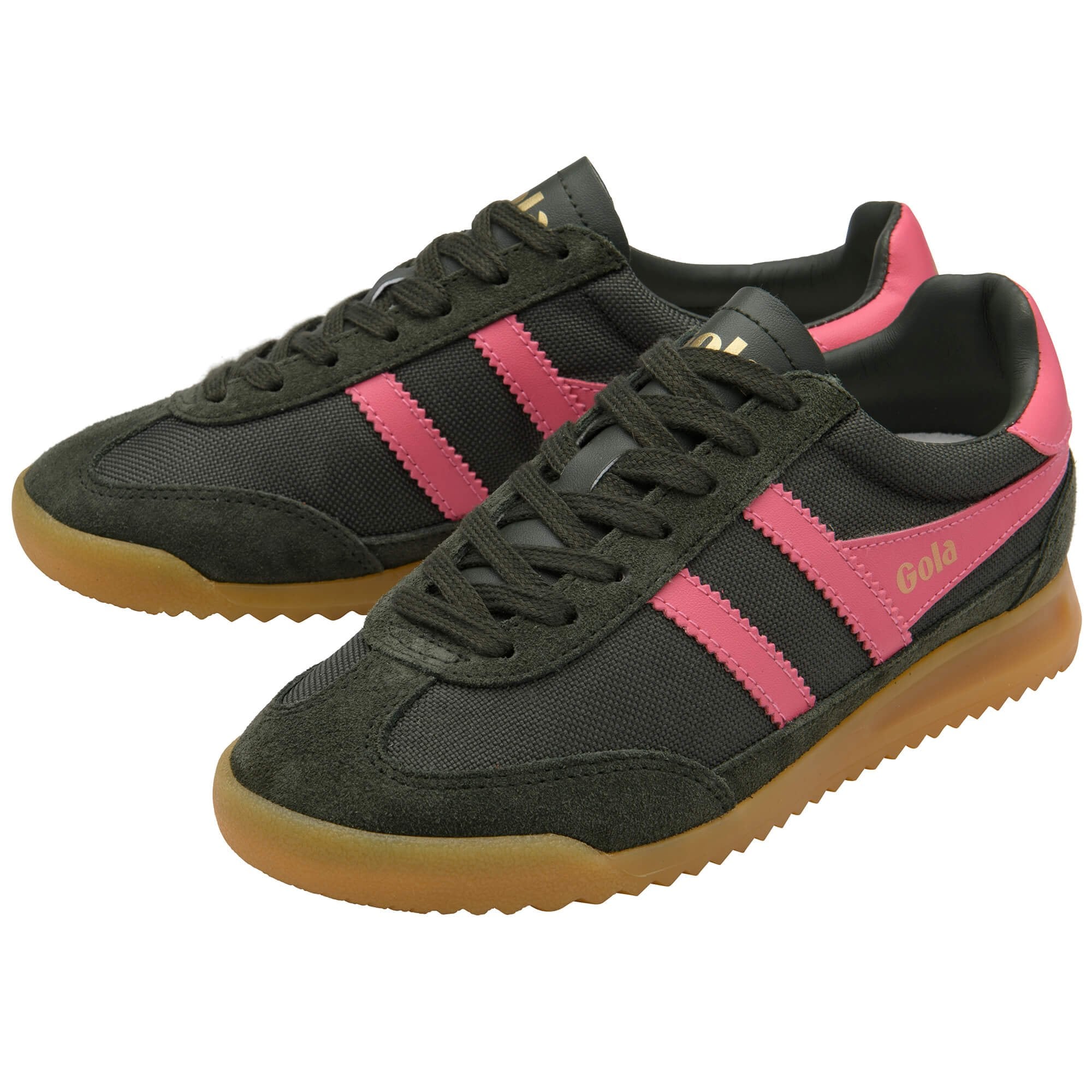 Pair of Gola trainers in dark green with pink stripes and gum sole on a white background