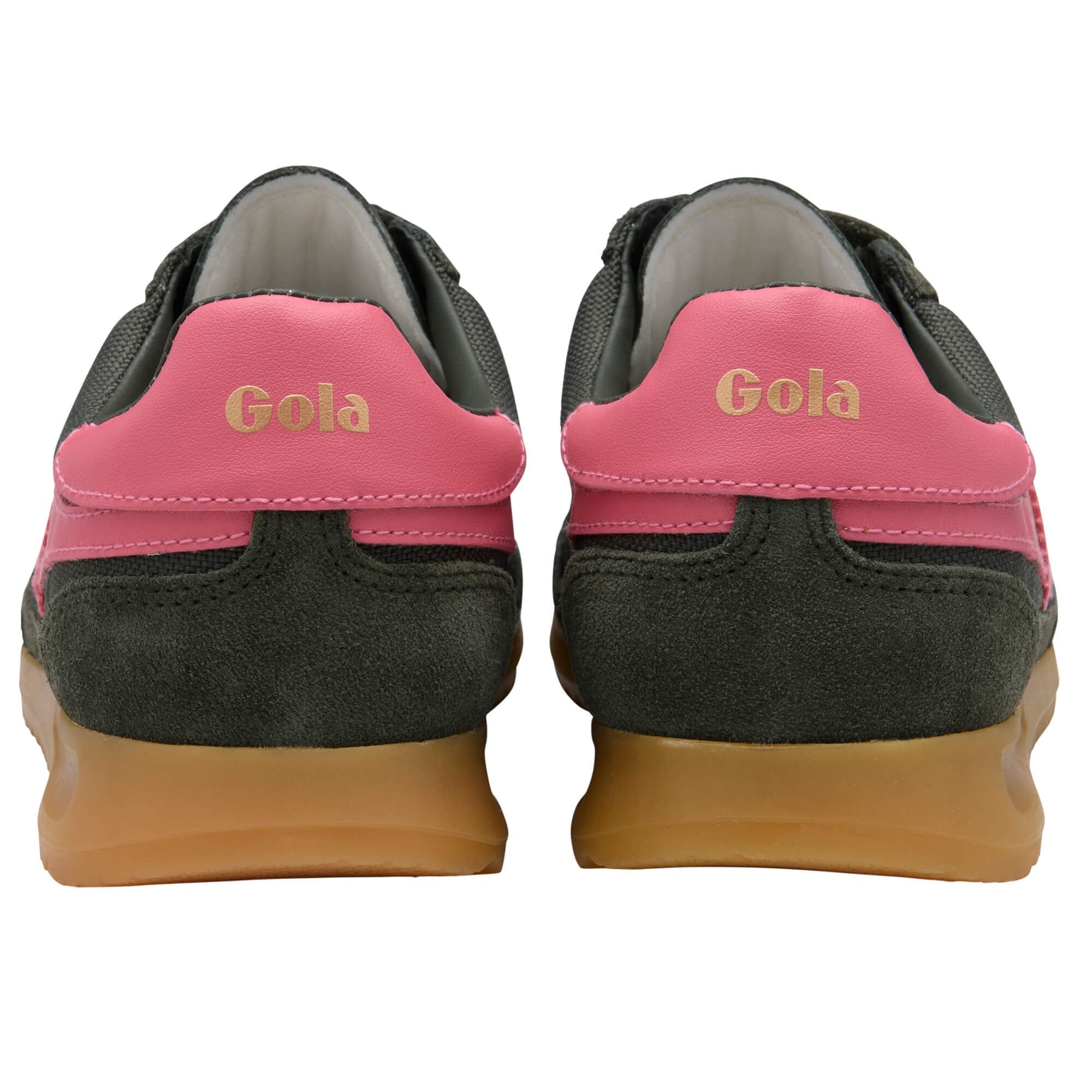 Green and pink Gola trainers with gum sole on a white background
