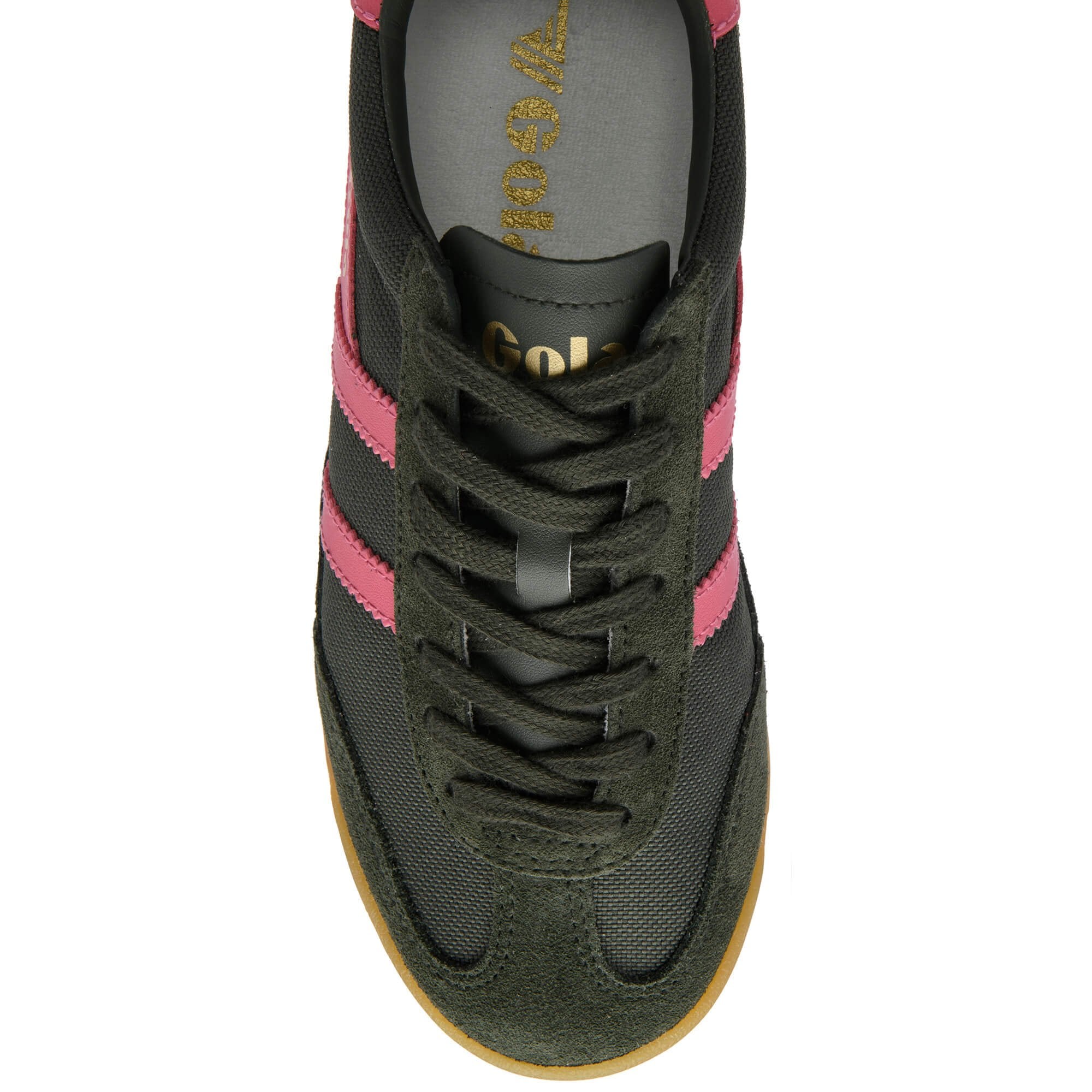 Green Gola trainer with pink stripes on a white background