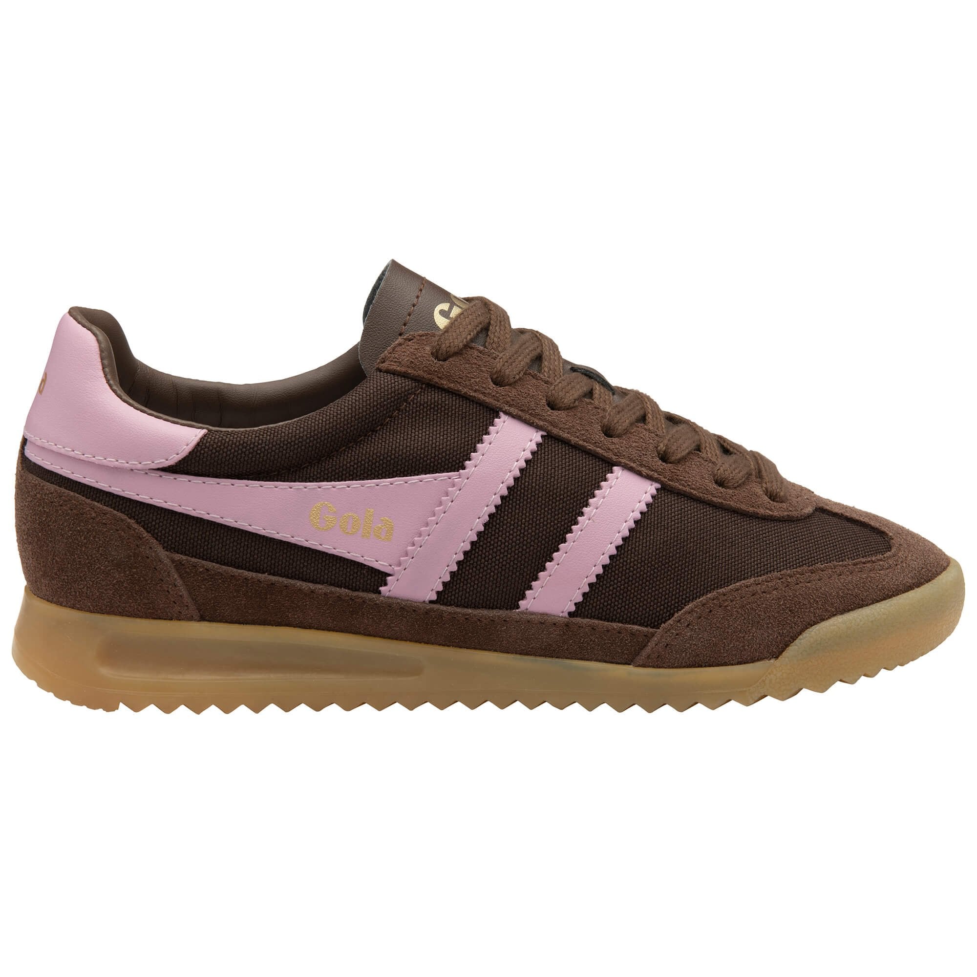 Brown and pink Gola trainer with gum sole on a white background