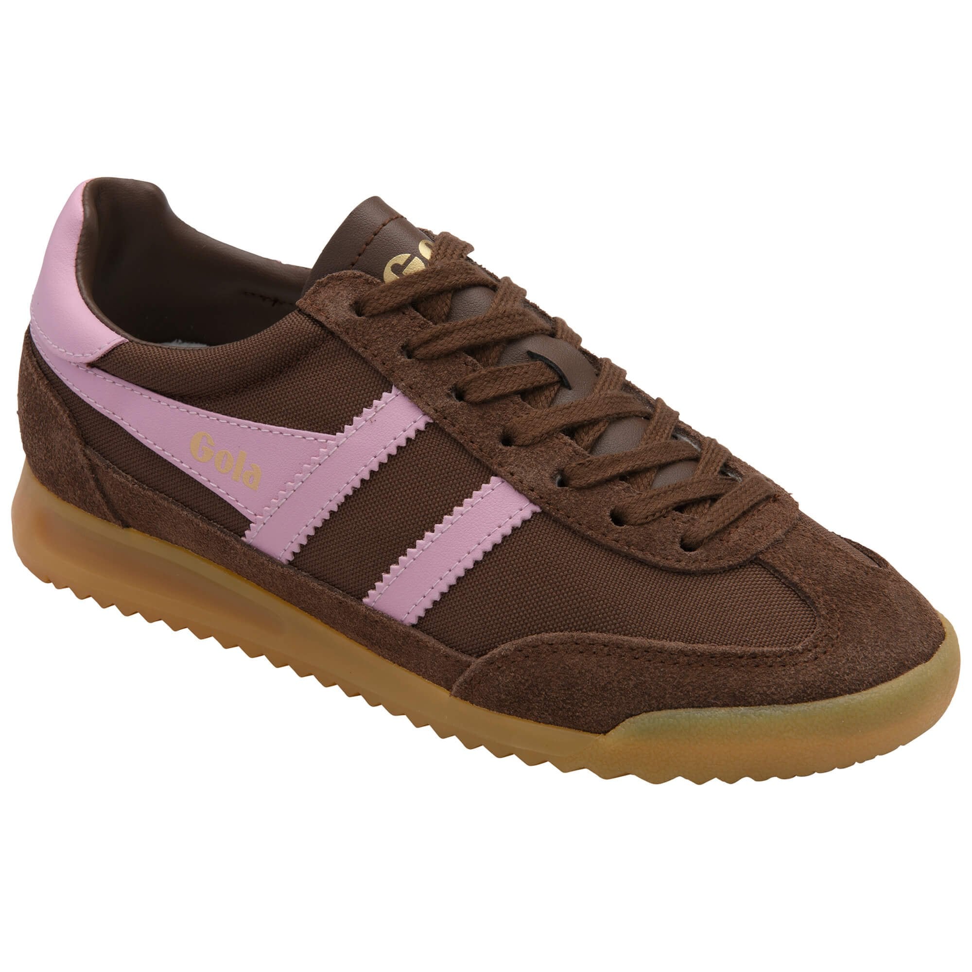 Brown and pink Gola trainer with gum sole on a white background