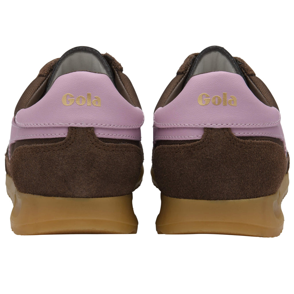 Pair of brown and pink Gola trainers, rear view on a white background