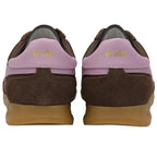 Pair of brown and pink Gola trainers, rear view on a white background