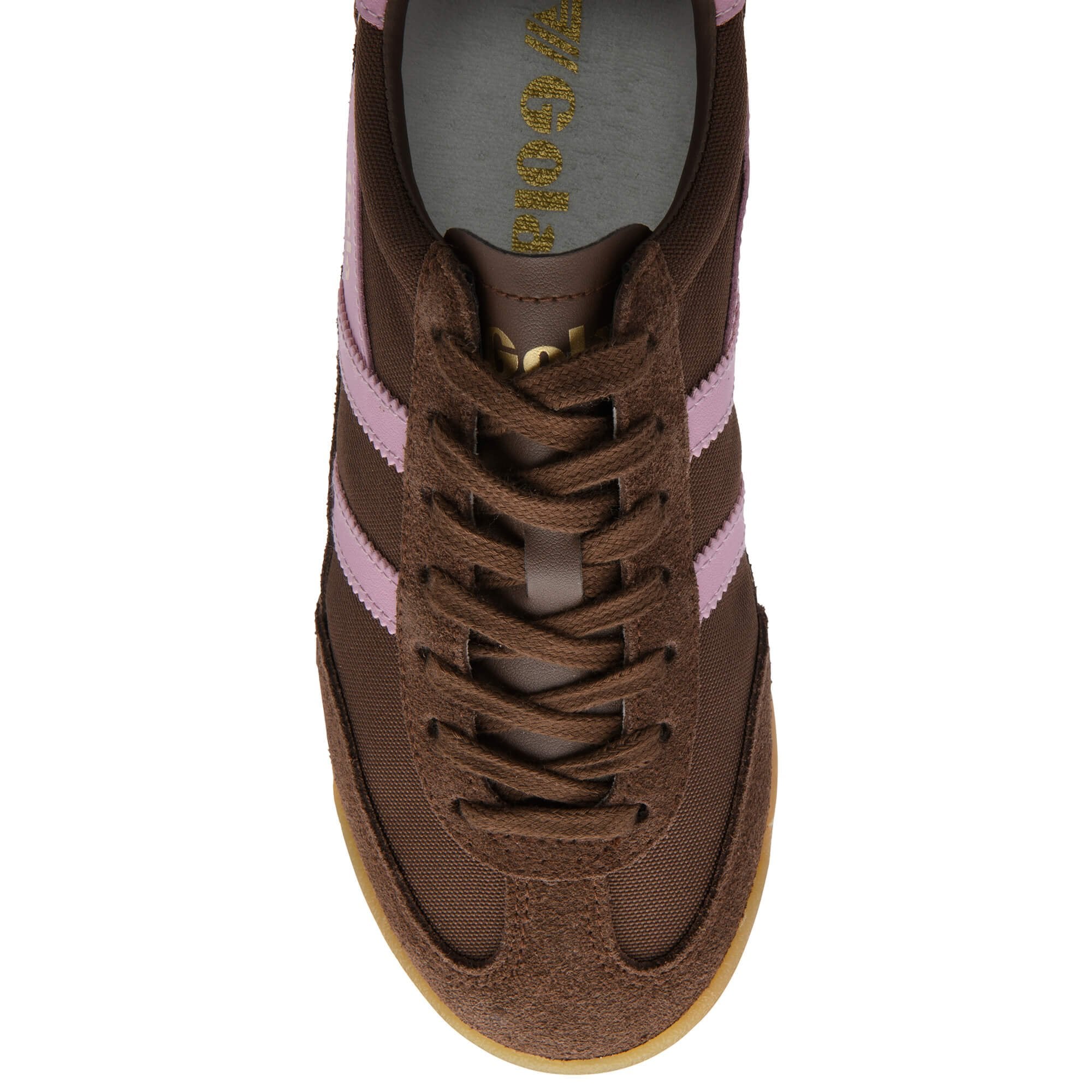 Brown Gola trainer with pink stripes and gum sole on a white background