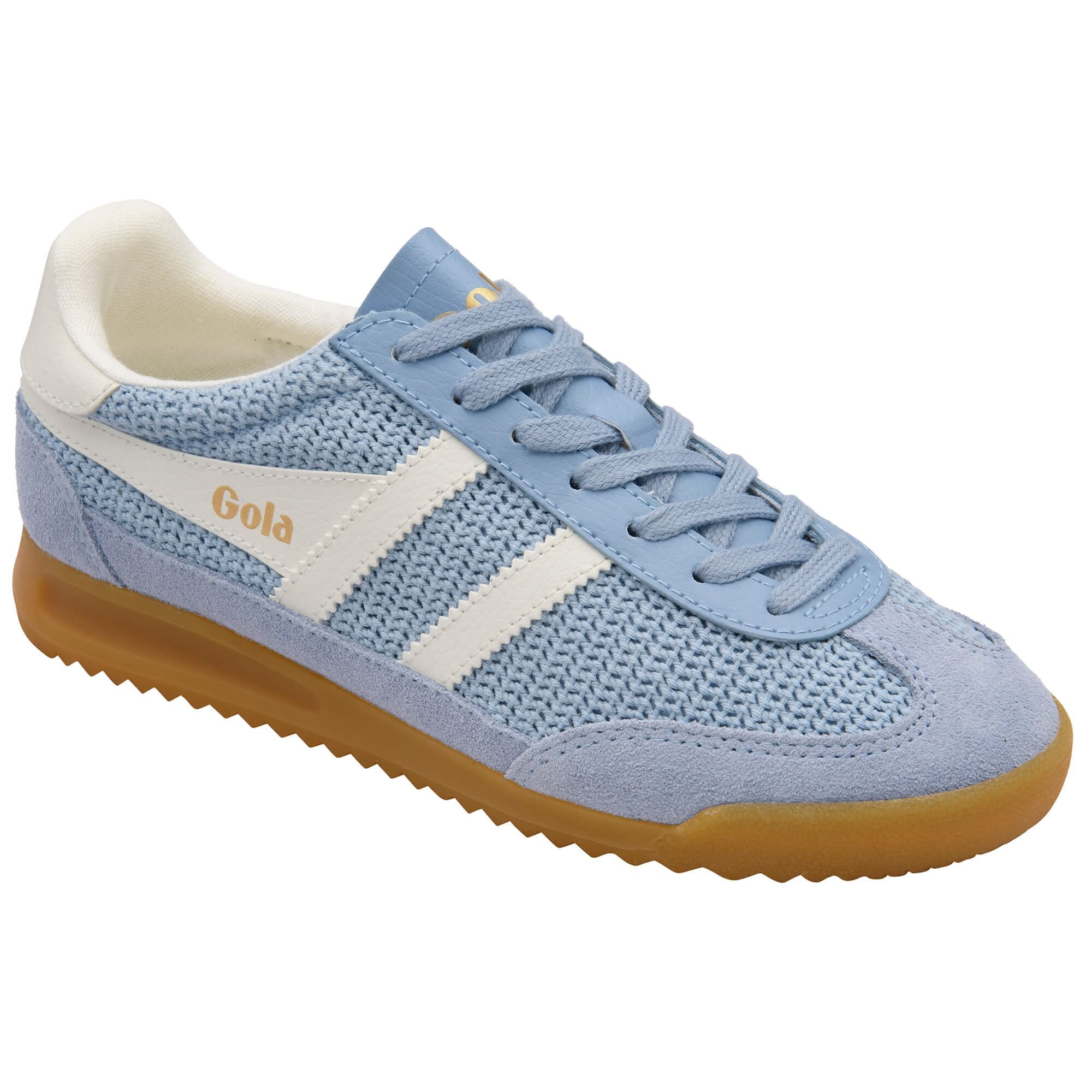 Light blue Gola trainer with white stripes and a gum sole on a white background