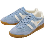 Pair of blue Gola trainers with white accents on a white background