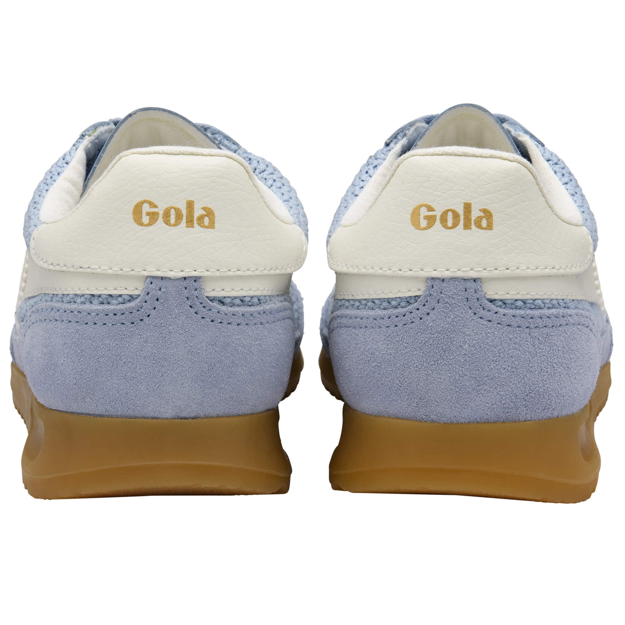 Pair of light blue Gola trainer with white trim and gum soles, viewed from the back on a white background