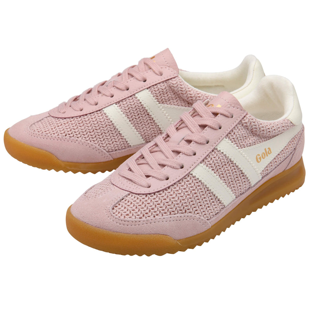 Pink Gola trainers with white stripes on a white background