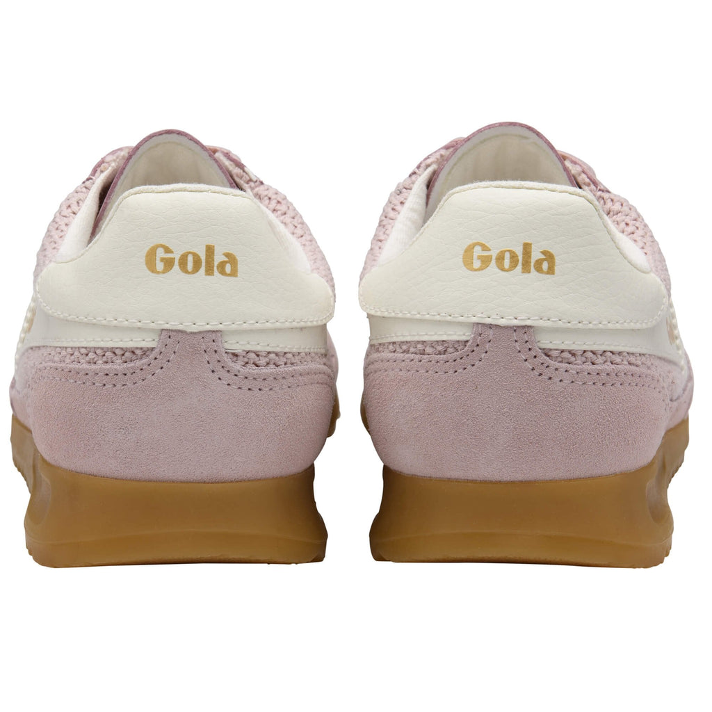 Pair of Gola trainers, light pink with white trim and gum soles, seen from the back on a white background