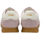 Pair of Gola trainers, light pink with white trim and gum soles, seen from the back on a white background