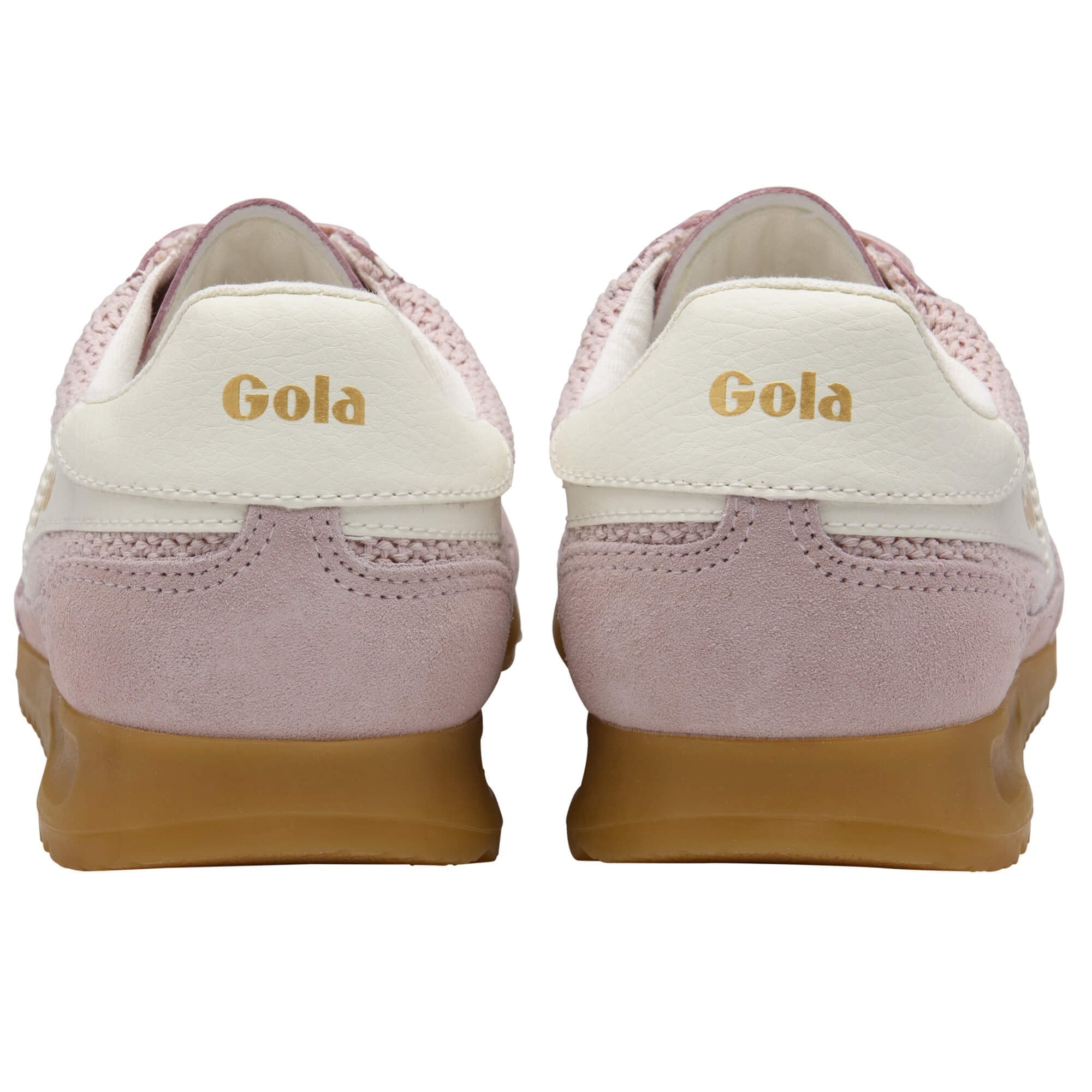 Pair of Gola trainers, light pink with white trim and gum soles, seen from the back on a white background