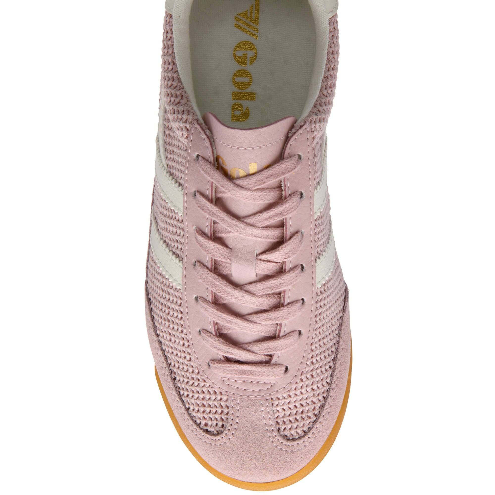 Pink trainer with white accents on a white background
