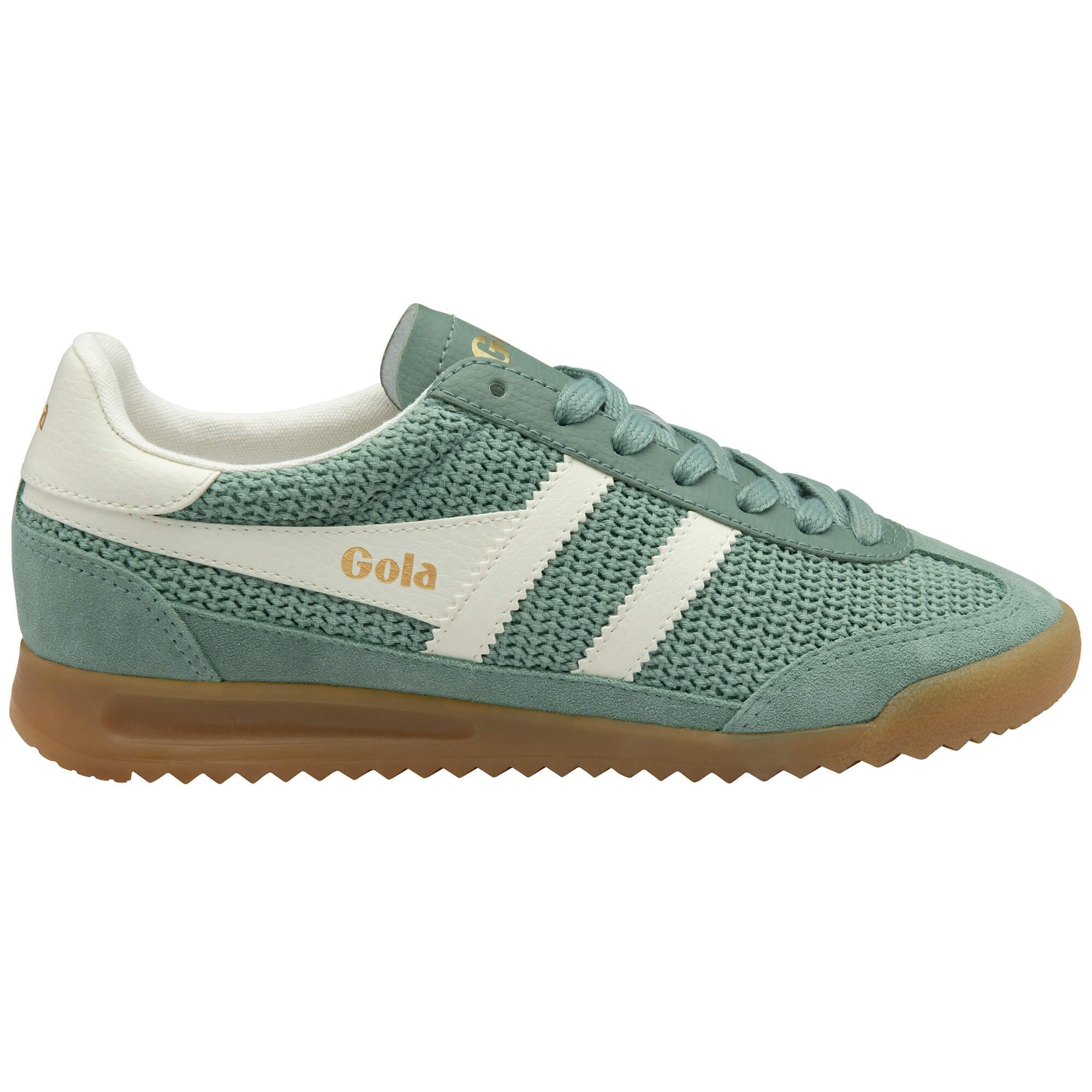 Gola trainer in green with white stripes and brown sole on a white background