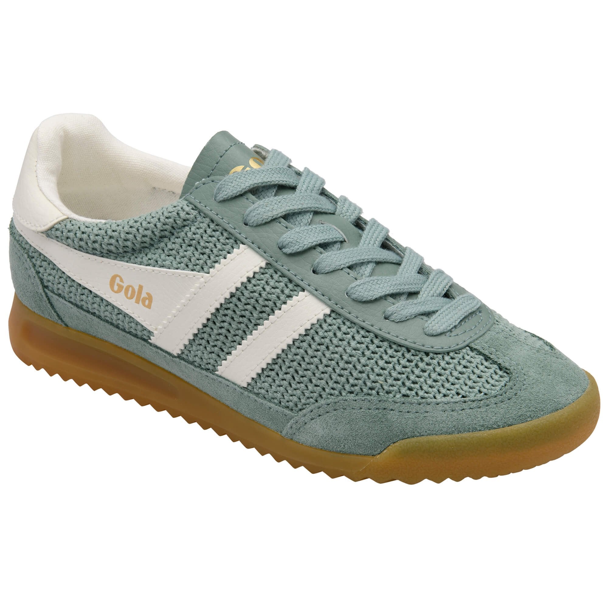 Green Gola trainer with white accents on a white background