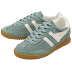 Pair of light blue Gola trainers with white stripes on a white background