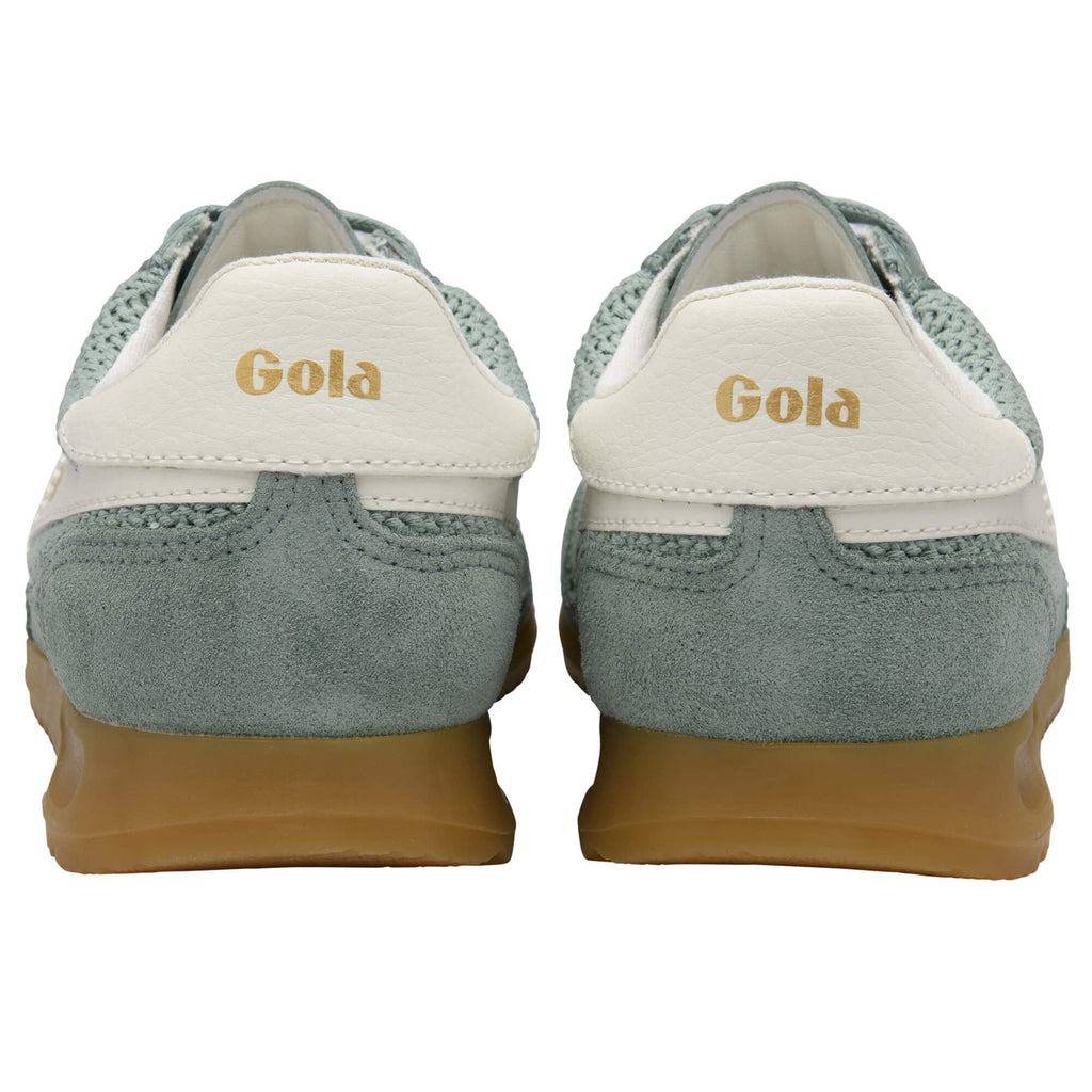 Pair of Gola trainers, rear view, in light green, white and gum soles on a white background
