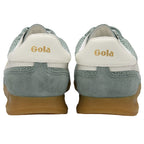 Pair of Gola trainers, rear view, in light green, white and gum soles on a white background