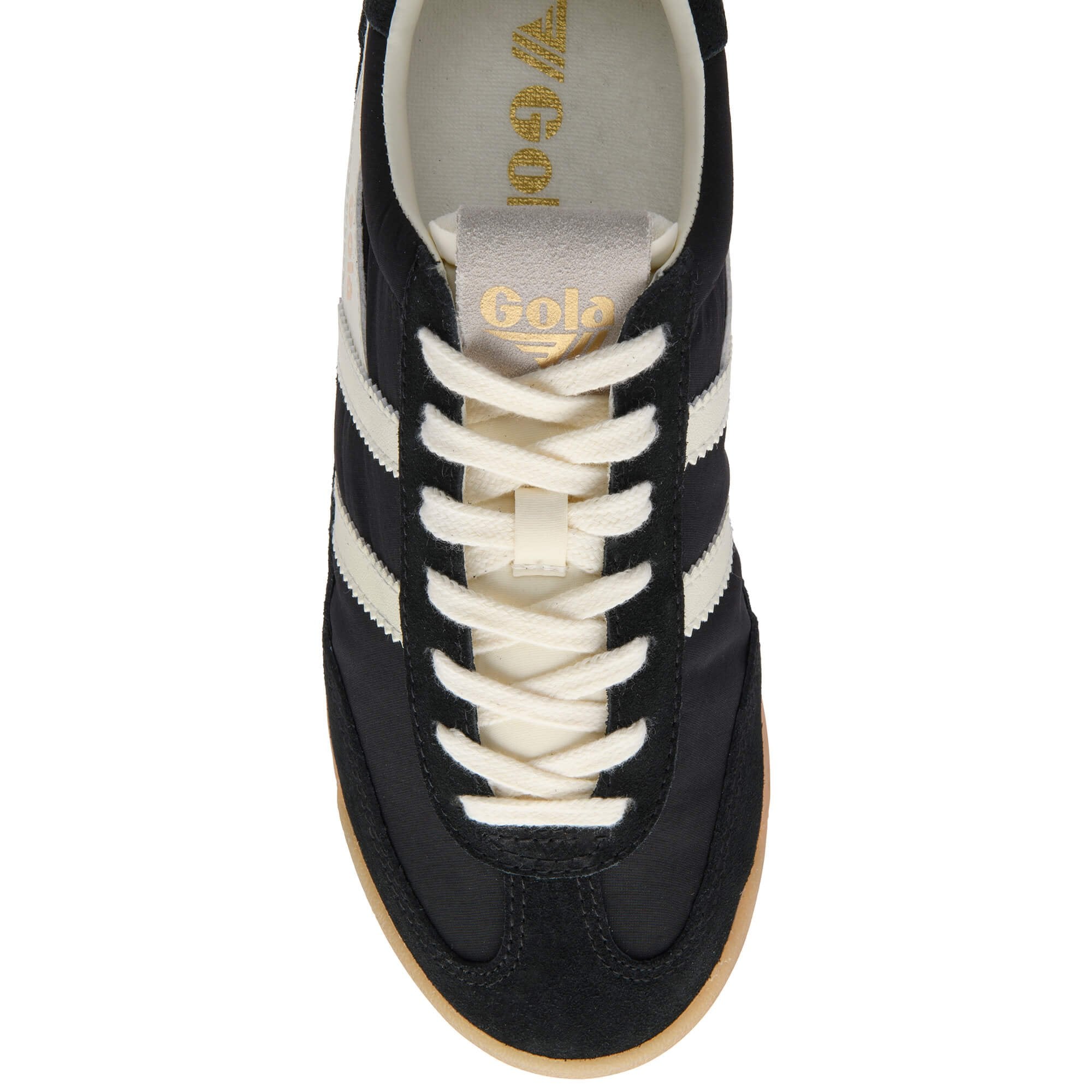 Black Gola trainer with white stripes and laces on a white background
