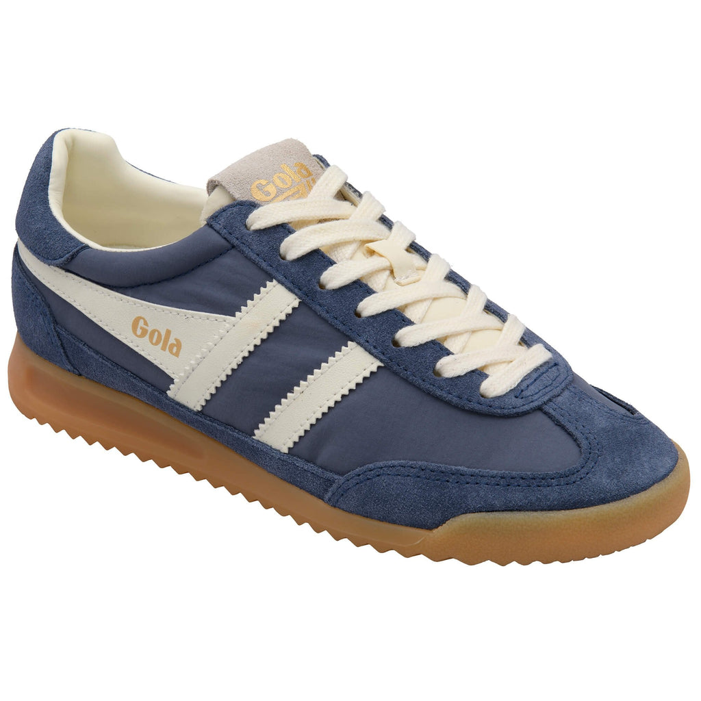 Blue Gola trainer with white laces and accents on a white background