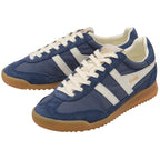 Pair of blue and white Gola trainers with gum soles on a white background