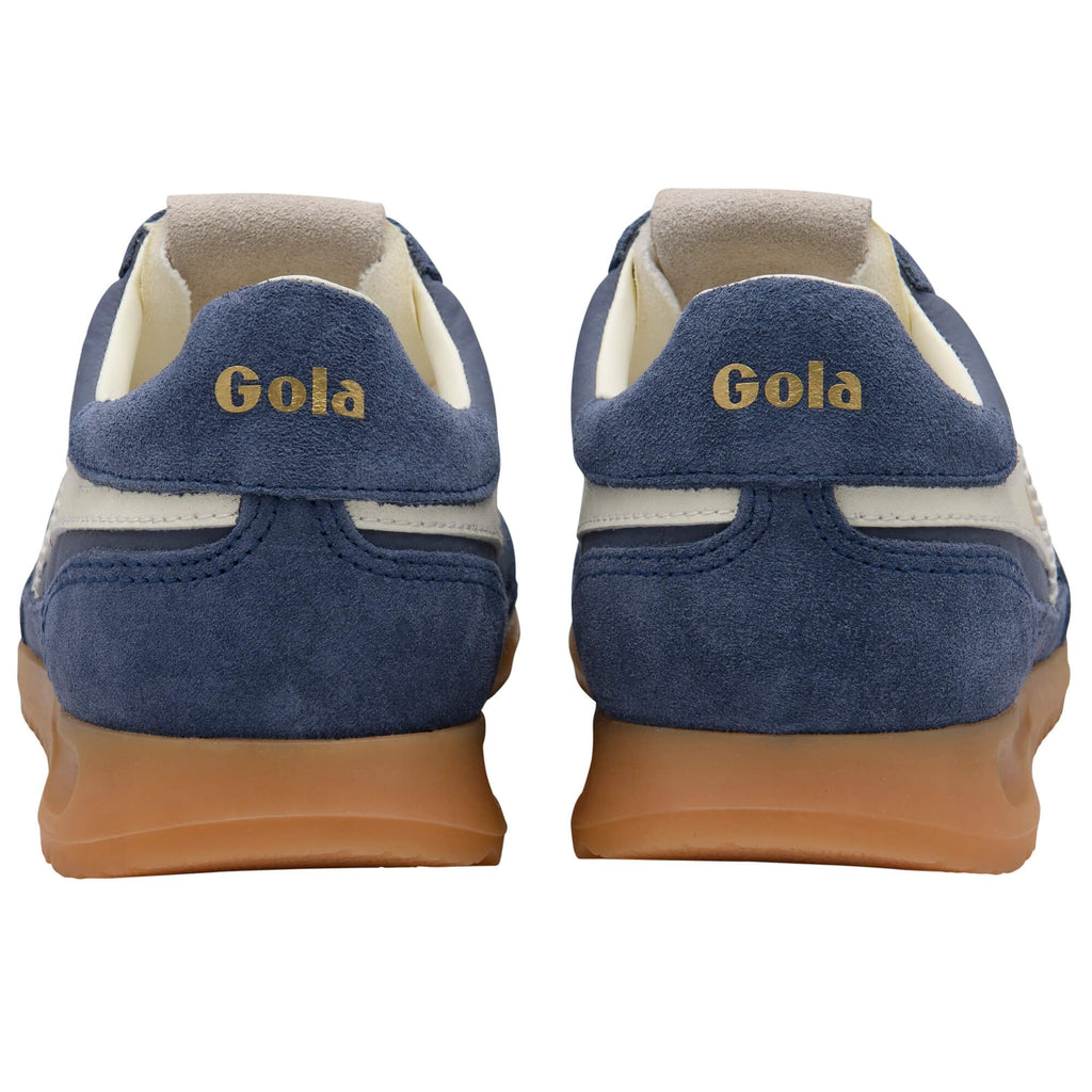 Blue Gola trainers with white accents and brown soles on a white background