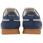Blue Gola trainers with white accents and brown soles on a white background