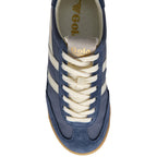 Blue Gola trainer with white laces, white stripes and gum sole on a white background