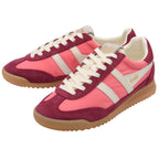 Pink and maroon Gola trainers with white laces and gum sole on a white background