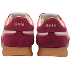 Pink Gola trainers shown from the back on a white background