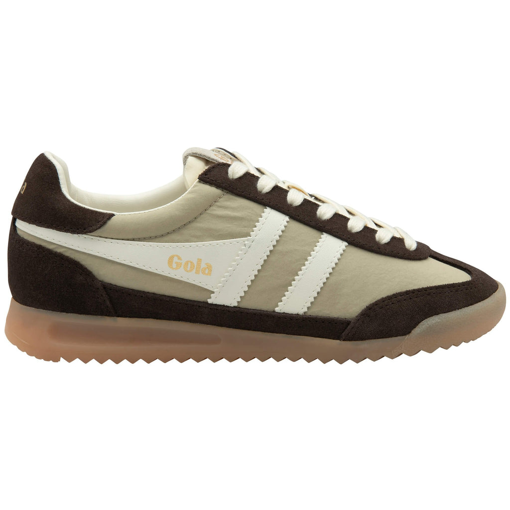 Gola trainer in brown and beige with white stripes and laces on a white background