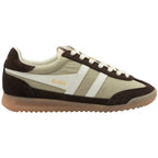 Gola trainer in brown and beige with white stripes and laces on a white background
