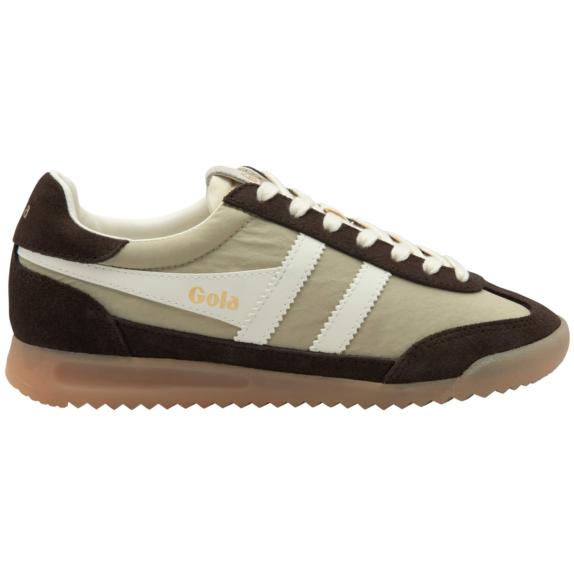 Gola trainer in brown and beige with white stripes and laces on a white background