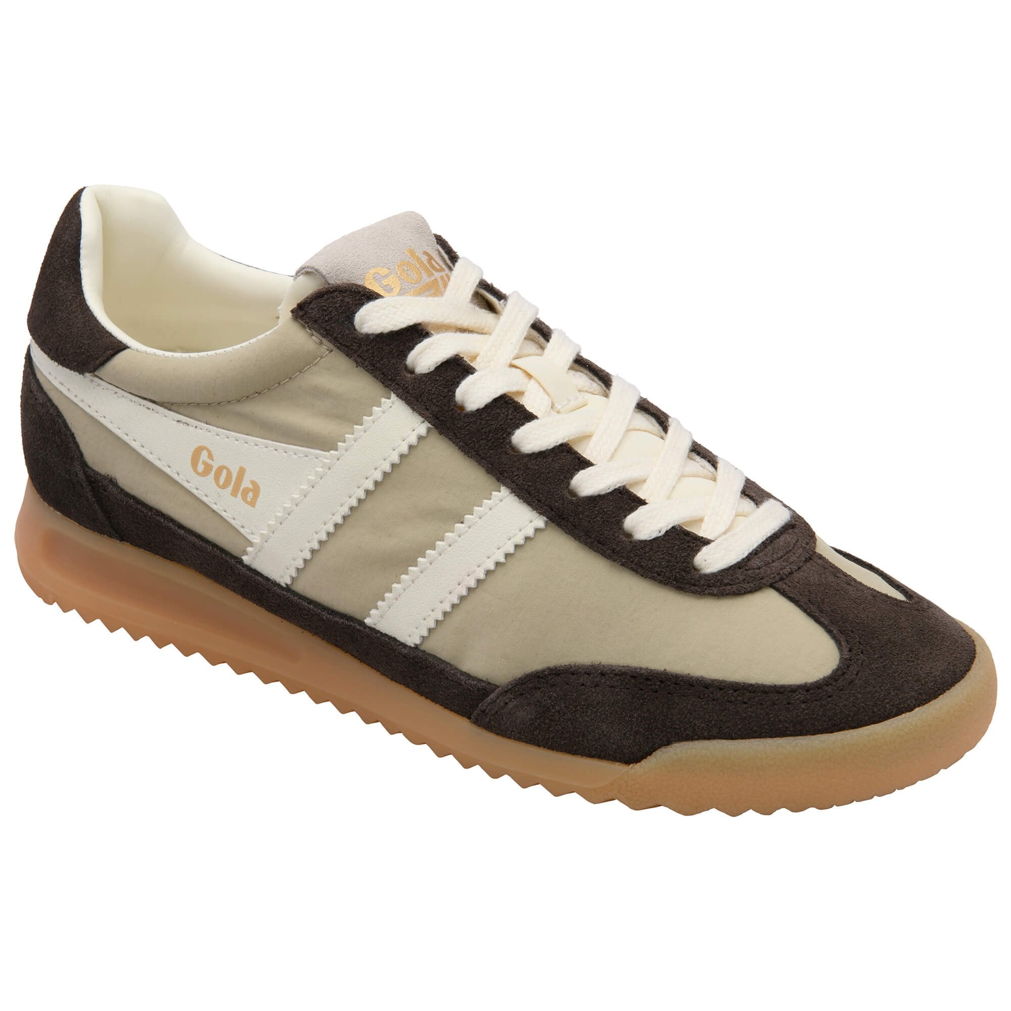 Gola trainer in brown and beige with white laces and gum sole on a white background