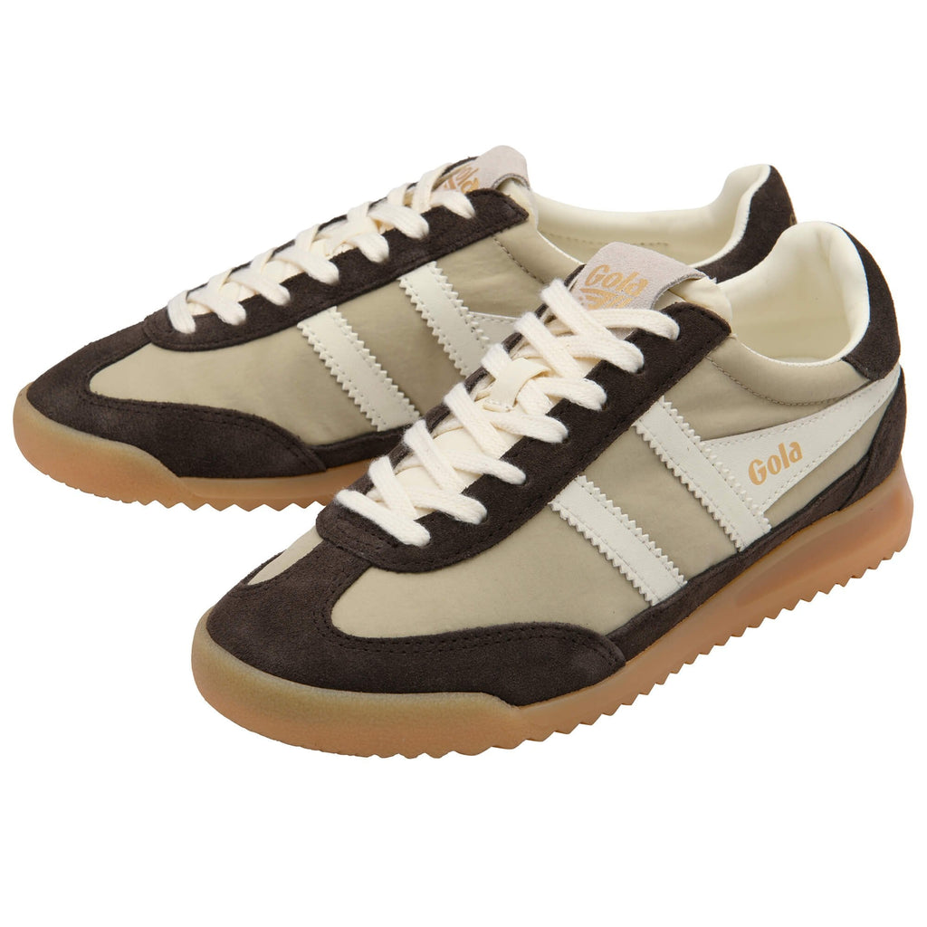 Pair of brown and beige Gola trainers with white laces on a white background